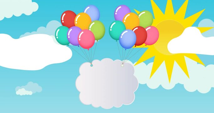 Animation of colourful balloons lifting cloud over sun on blue sky