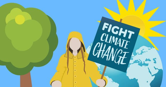 Animation of woman holding board with fight climate change, tree and sun on blue background