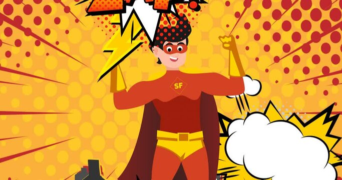 Animation of retro cartoon speech bubbles and superhero flying over yellow background