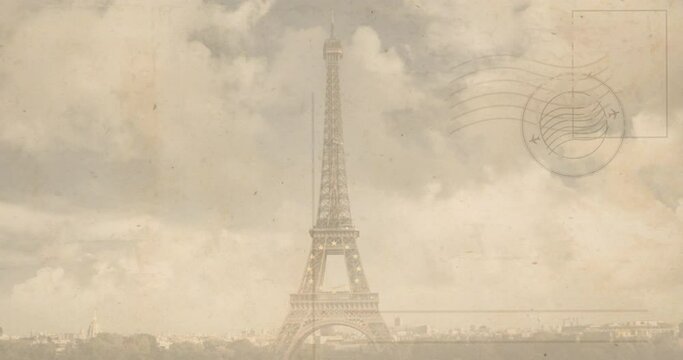 Animation of paris eiffel tower over stamped envelope