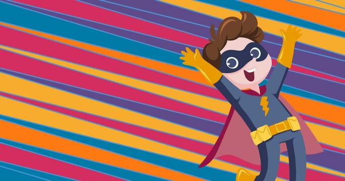 Animation of retro speech bubbles with superhero flying over colourful diagonal stripes