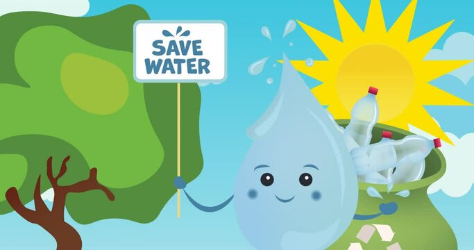 Animation of water drop with save water text on board with tree and plastic bottles in bag on blue