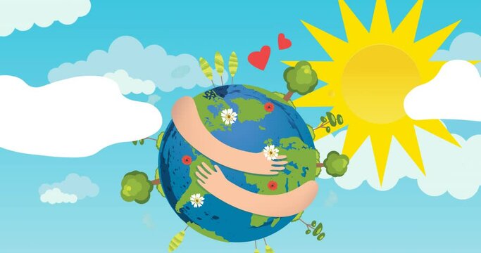 Animation of planet earth with arms around, trees and sun on blue background