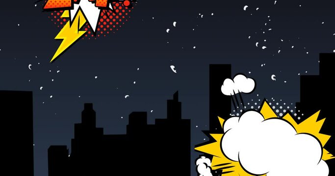 Animation of retro speech bubbles flying over cityscape at night