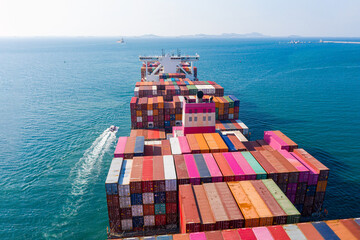Rear view cargo container ship.  Business logistic transportation sea freight,Cargo ship, Cargo...