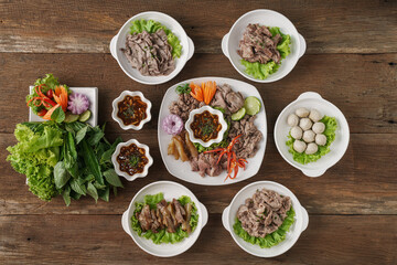 scalded of various part of beef in plate with stew beef, scalded beef flank, beef meatball, scalded beef serloin