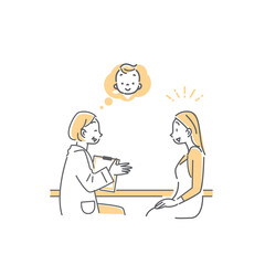 産婦人科でベテラン医師の診察を受ける若い女性のシンプルでおしゃれな線画イラスト
