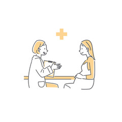 産婦人科でベテラン医師の診察を受ける若い女性のシンプルでおしゃれな線画イラスト