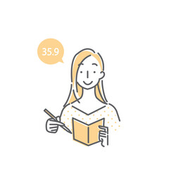 基礎体温を計って記録する若い女性のシンプルでおしゃれな線画イラスト