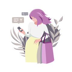 Online shopping, girl shopping, female character flat design layout vector illustration