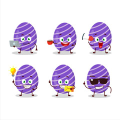 Purple easter egg cartoon character with various types of business emoticons