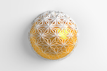 Abstract creative modern gold and white 3D three-dimensional sphere background with collapsing into many different triangles around the layer. 3d illustration.