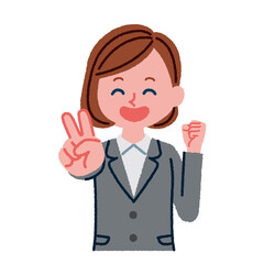 ピースサインをしているスーツを着た女性のイラスト