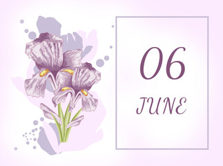 june 06. 06th day of the month, calendar date.Two beautiful iris flowers, against a background of blurred spots, pastel colors. Gentle illustration.Summer month, day of the year concept