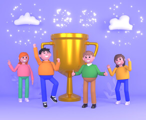 Win, winner, people celebrate victory. Group of people stand near big golden award. Modern 3d illustration