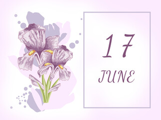 june 17. 17th day of the month, calendar date.Two beautiful iris flowers, against a background of blurred spots, pastel colors. Gentle illustration.Summer month, day of the year concept
