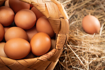Fresh brown chicken eggs in a basket and in a nest from hay in a barn