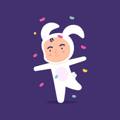 illustration of the expression of a happy child, dancing and wearing a rabbit costume. celebrating an easter day party or event. illustration of cute and adorable people. flat style. vector design