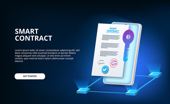 Digital Smart Contract For Electronic Sign Document Agreement Security, Finance, Legal Corporate. Phone Illustration With Certificate With Key Protection Security