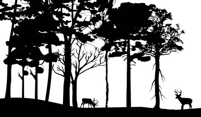 horizontal seamless vector illustration. Pine forest with animals. You can remove deer or birds - they are isolated
