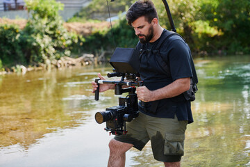 Fototapeta premium a professionally equipped cameraman shoots in the water surrounded by beautiful nature.