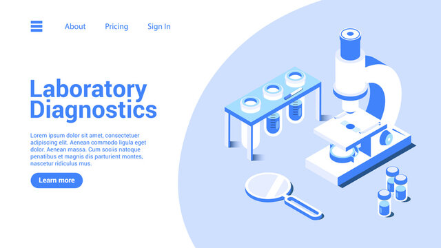 Laboratory diagnostics concept. Landing page or web banner template. 3d illustration of laboratory elements. Microscope, ampoules, magnifier, test tubes. Vector illustration in modern isometric style.