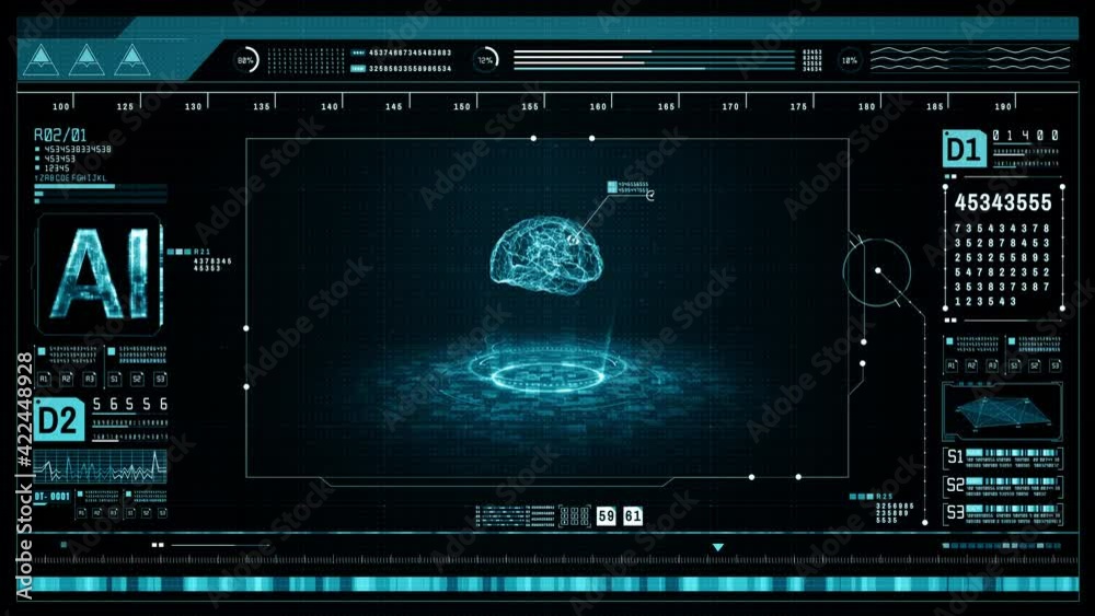 Poster artificial intelligence concept. brain over a circuit board and scanning. graphic user interface hea