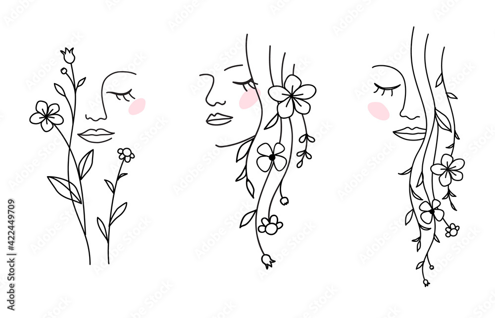 Wall mural one line drawing. set of abstract beautiful girl with flower and leaf in long hair. decorative femal