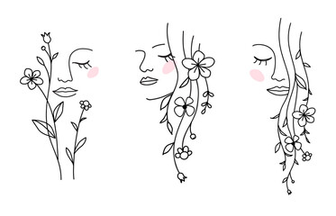 One line drawing. Set of abstract beautiful girl with flower and leaf in long hair. Decorative female beauty icon with floral pattern. Natural cosmetic concept. Vector illustration	