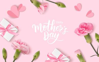 Happy Mothers day. Calligraphic greeting text. Holiday design template with realistic pink carnation flowers, gift boxes and paper hearts on pink background. Vector stock illustration. - 422449742