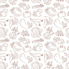 Vegetables seamless pattern. Vegetables black and white background. Lettuce, onions, garlic, asparagus, mushrooms, radishes, bell peppers, tomatoes, carrots, cucumbers, eggplant