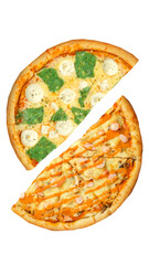 Pizza, two halves isolated on a white background. Versus concept. Appetizing pizza.
