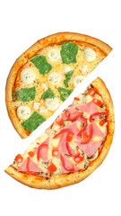 Pizza, two halves isolated on a white background. Versus concept. Appetizing pizza.