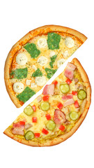 Pizza, two halves isolated on a white background. Versus concept. Appetizing pizza.