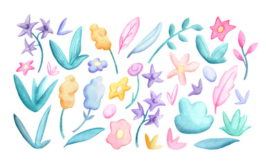 Obraz na płótnie Canvas Spring floral elements watercolor clipart on white background. Flower and leaf pastel watercolour isolated. Springtime sticker set with botanical decor. Floral clipart for patterns and prints
