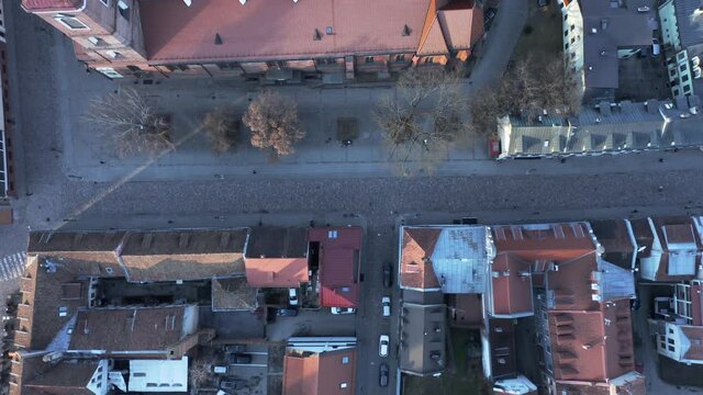 AERIAL: Top View of Coblestone Vilniaus Street in Kaunas Oldtown