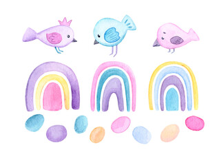 Cute birds on eggs watercolor illustration. Easter scene clipart. Patel pink rainbow chick eggs clipart. Watercolor Easter greeting card template. Cute girl baby shower decoration elements.