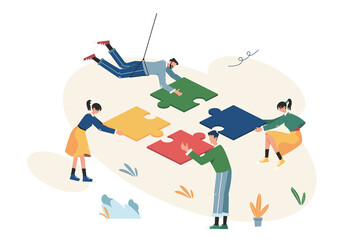 Floating business teamwork connecting puzzle elements