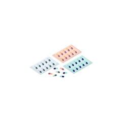 Blister packaging of tablets and capsules. A set of medicines. Painkillers, antibiotics, vitamins and aspirin in the pharmacy. Vector