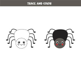 Trace and color cute spider. Worksheet for kids.
