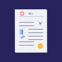 Medical bill, Invoice or price list . Pharmacy payment. Drug list, blister pack, checkmarked receipt and coin. Medical, paper document, price list, doctor's prescription. Tablets, capsules and pills. 