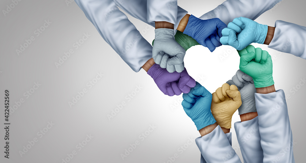 Poster medical staff unity and doctors working together and medical teamwork or health workers unity and gl