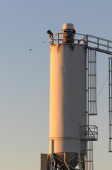 Industrial storage silo with external ladder and mounted floodlight, illuminated by sunrise light, used in cement or aggregate processing operations at a construction materials facility