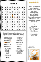 Birds zigzag word search puzzle 2 (suitable both for kids and adults). Answer included.

