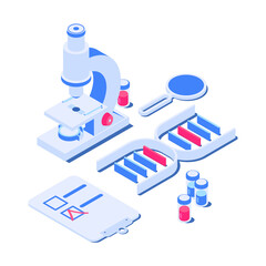 3d set of laboratory elements. Microscope, ampoules, magnifier, tablet, DNA. Vector illustration in modern isometric style. Isolated on white background