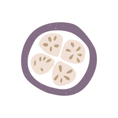 Cute eggplant slice icon isolated on white background. Colorful pictogram original design. Can be used for infographics, identity or decoration. Vector shabby hand drawn illustration