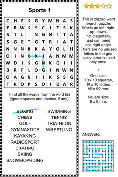 Sports zigzag word search puzzle 1 (suitable both for kids and adults). Answer included.
