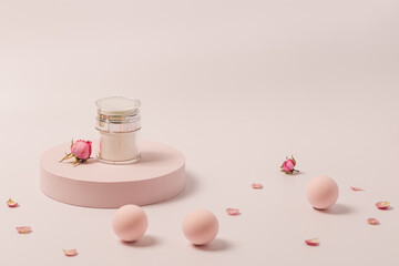 Obraz na płótnie Canvas Rose-scented beauty Cream in jar and rose flowers on round podium. Cosmetic product, pink pastel colored