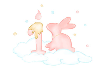 Vector - Digital watercolor painting of Happy birthday first year. Rabbit with 1st candle on cloud and little bubble. Easter season.