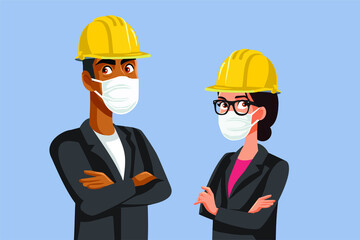 Contractors Wearing Hard Hats and Medical Masks